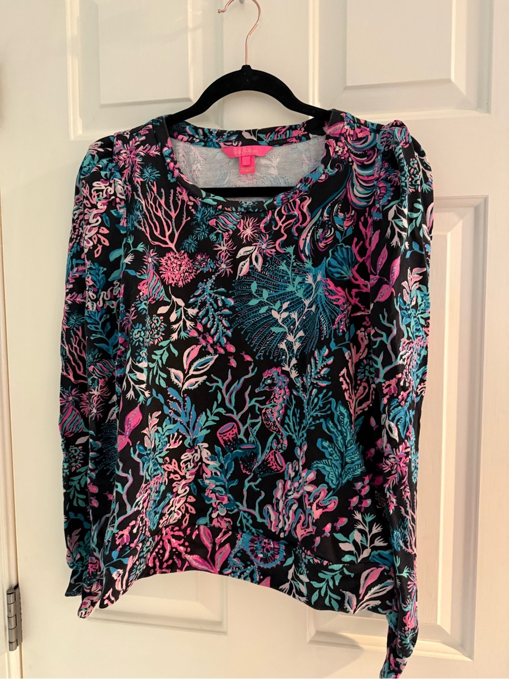 Lilly Pulitzer Black Long Sleeve Top with Teal & Pink Botanical Print